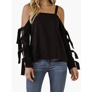 Anthropologie Endless Rose Woman Black Tie Sleeve Cold Shoulder Top, Siz…